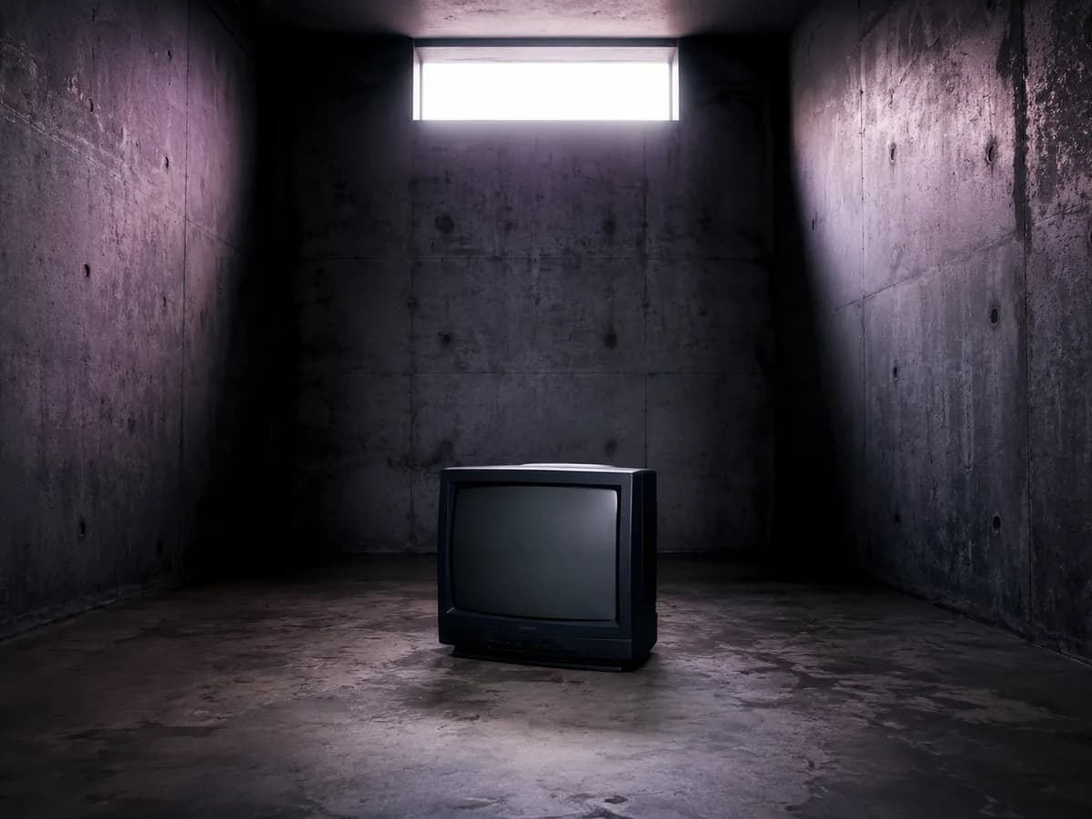 An old television in a dimly lit concrete room, illustrative image for the article