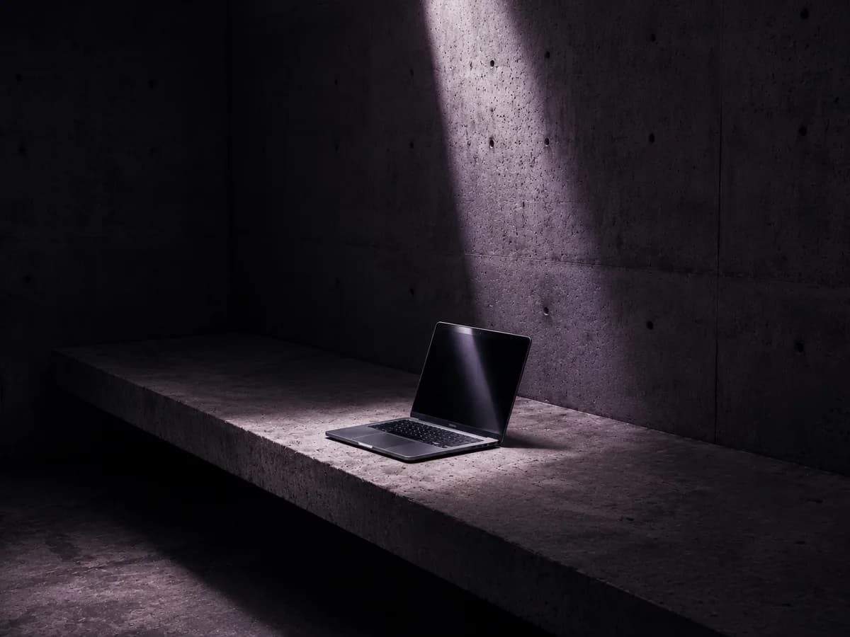 A laptop in a dimly lit concrete room, illustrative image for the article